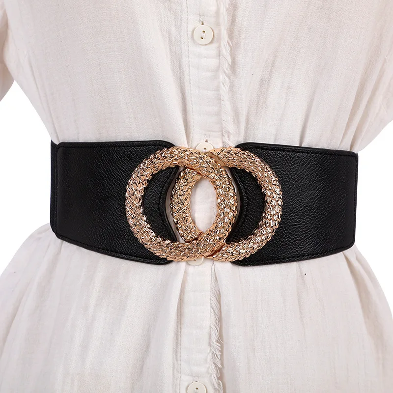 

Luxury Fashion Gold Double Round Buckle Loose Tight Women's Belt Elasticated Casual Dress Embellished Blk Belt