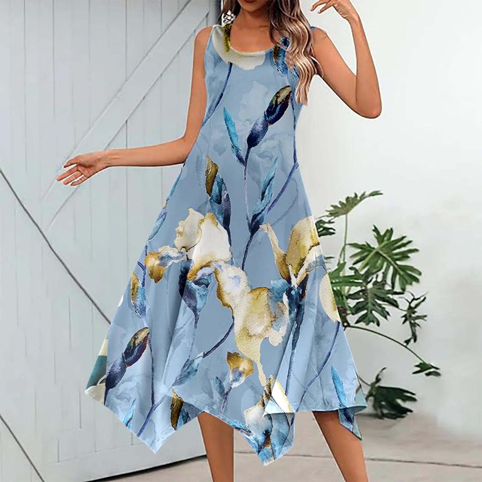 Vestido feminino sem mangas com estampa de flor Midi com bolsos, Hankerchief de verão, vestido regado casual para férias, retrô, novo