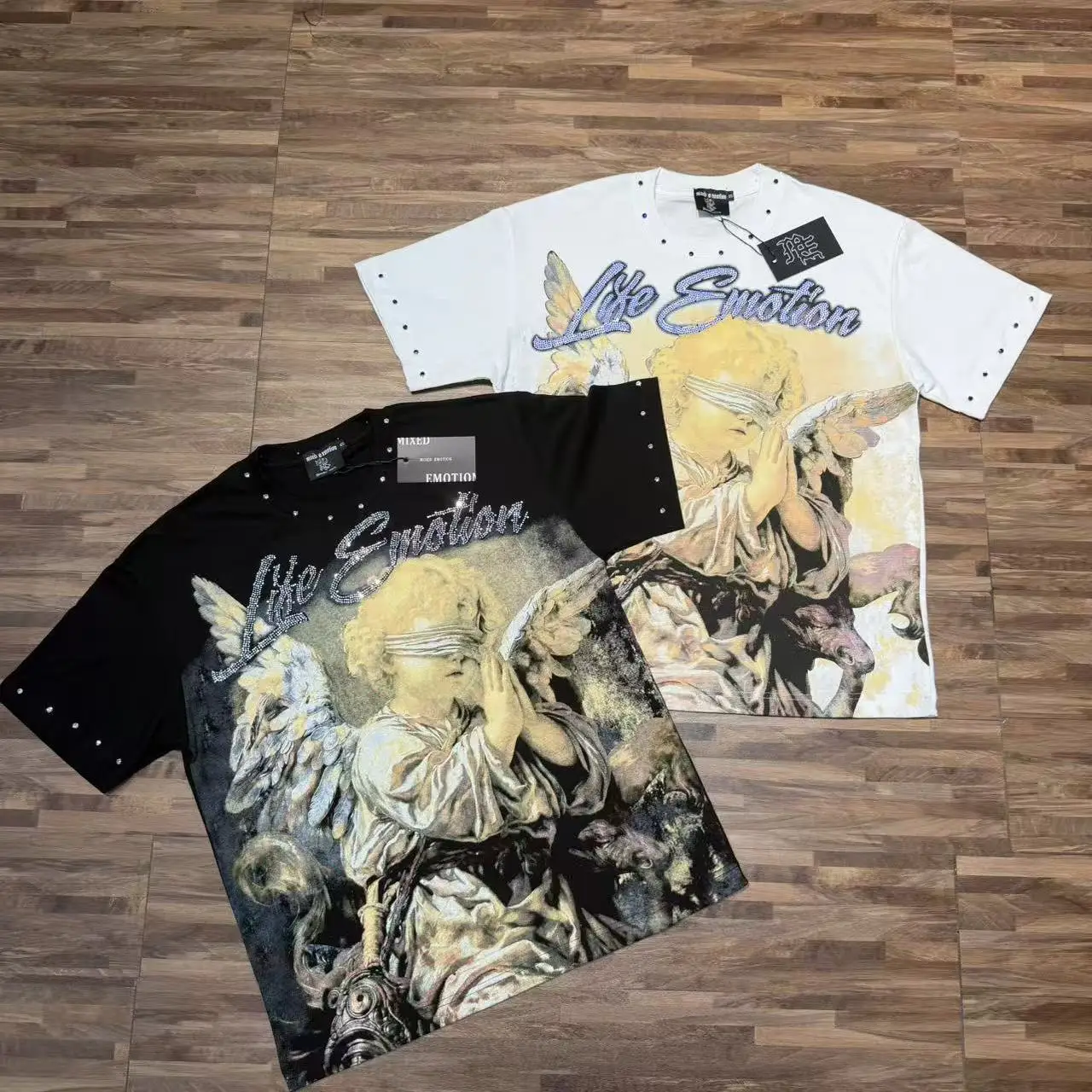 Mixed Emotion American Trendy Brand Angel Print High Street Rhinestone Heavyweight Pure Cotton Short Sleeve T-Shirt Citywalk ...