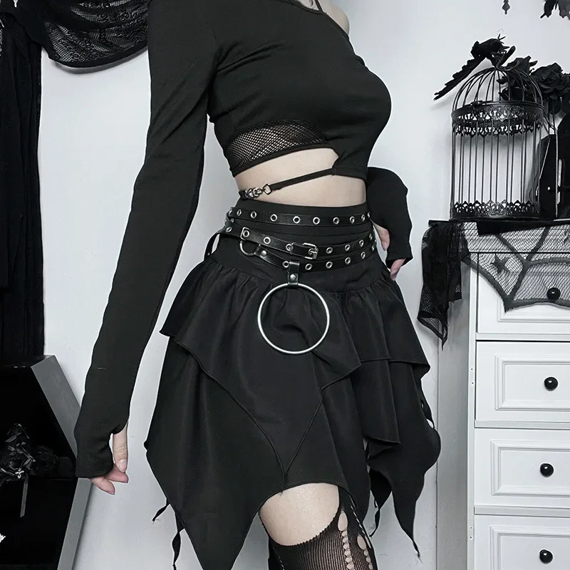 New Sexy Women Gothic Punk Irregular Skirts Solid Color Drawstring Tie-Up Ruched Ruffles Mini Skirt Summer Fashion Short Skirts