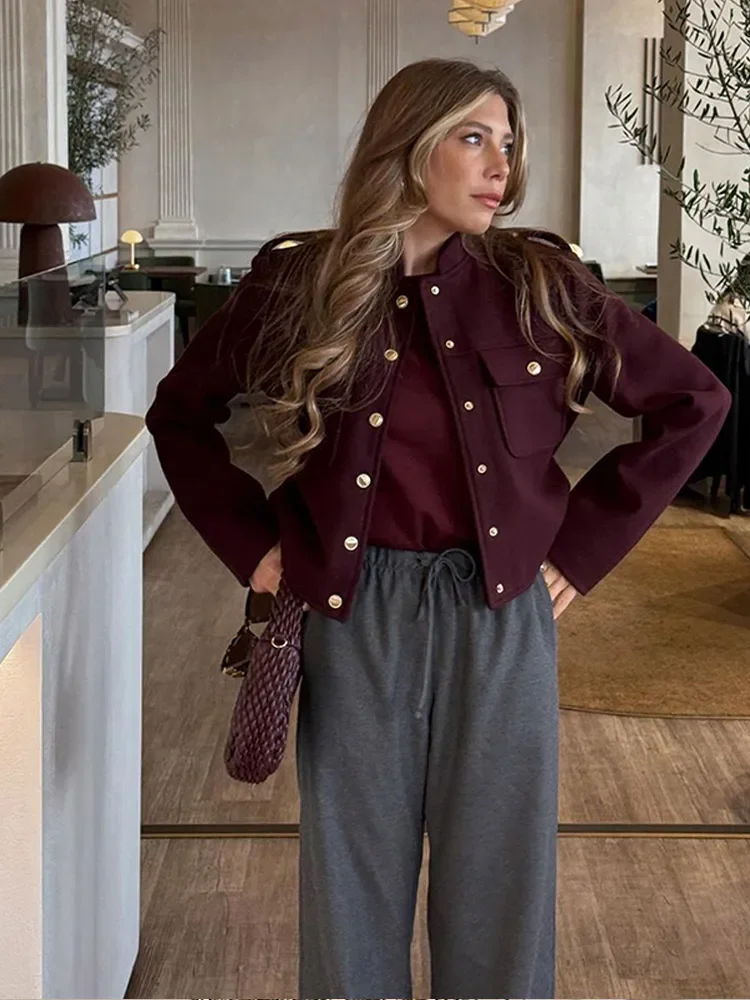 Elegant O Neck Burgundy Short Woolen Coat Women Fashion Long Sleeve Button Pocket Thick Jacket 2024 Lady New Highstreet Outwear