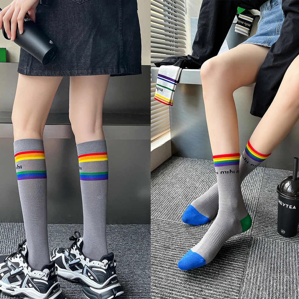 New Rainbow Women's Socks Ins Tide In The Tube Pressure Sports Fitness Yoga Stovepipe Running Half Cotton Letter Calf Stockings