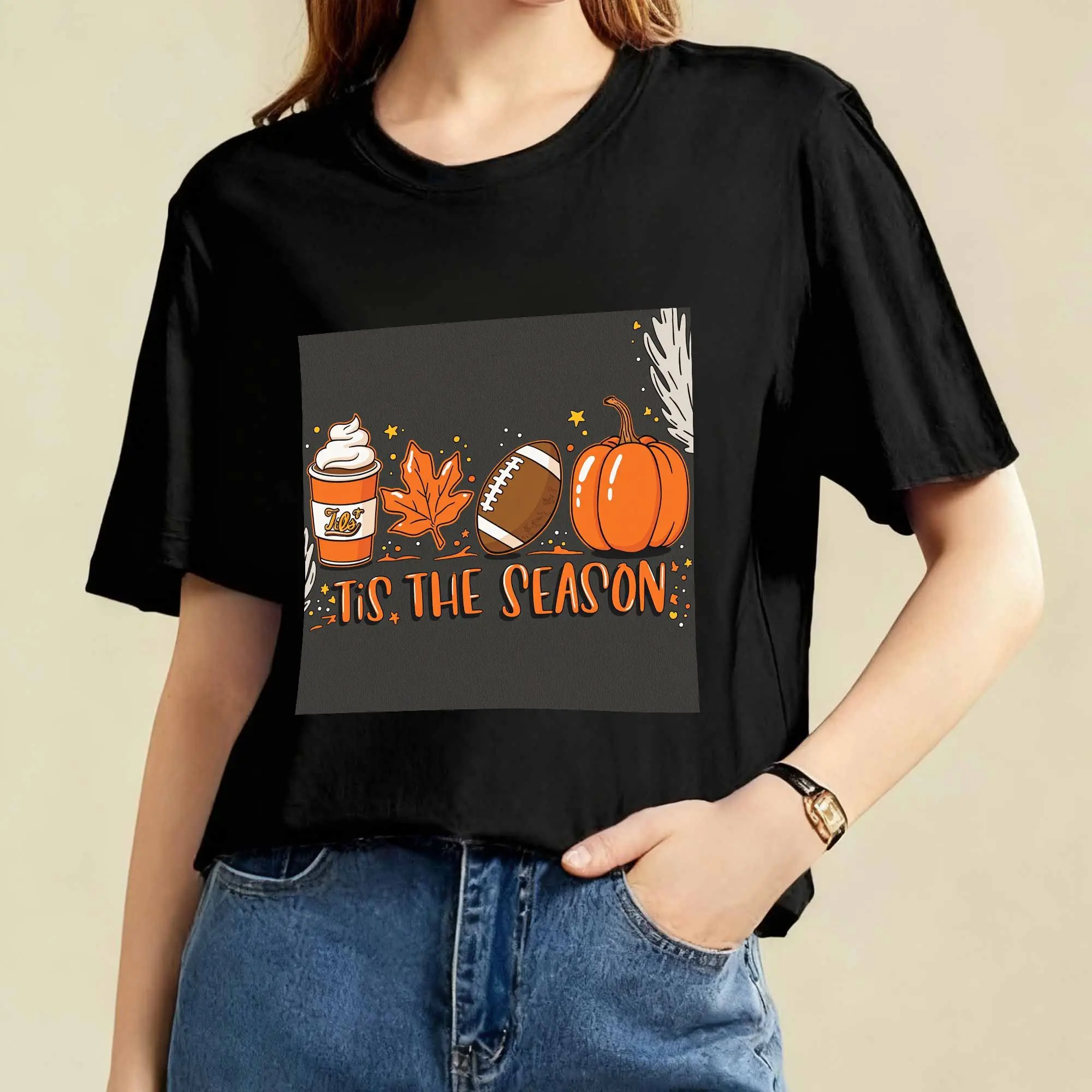 

"Graphic Women's T-Shirt, 180g Soft Cotton Short Sleeve Tee with Coffee Pumpkin Design"