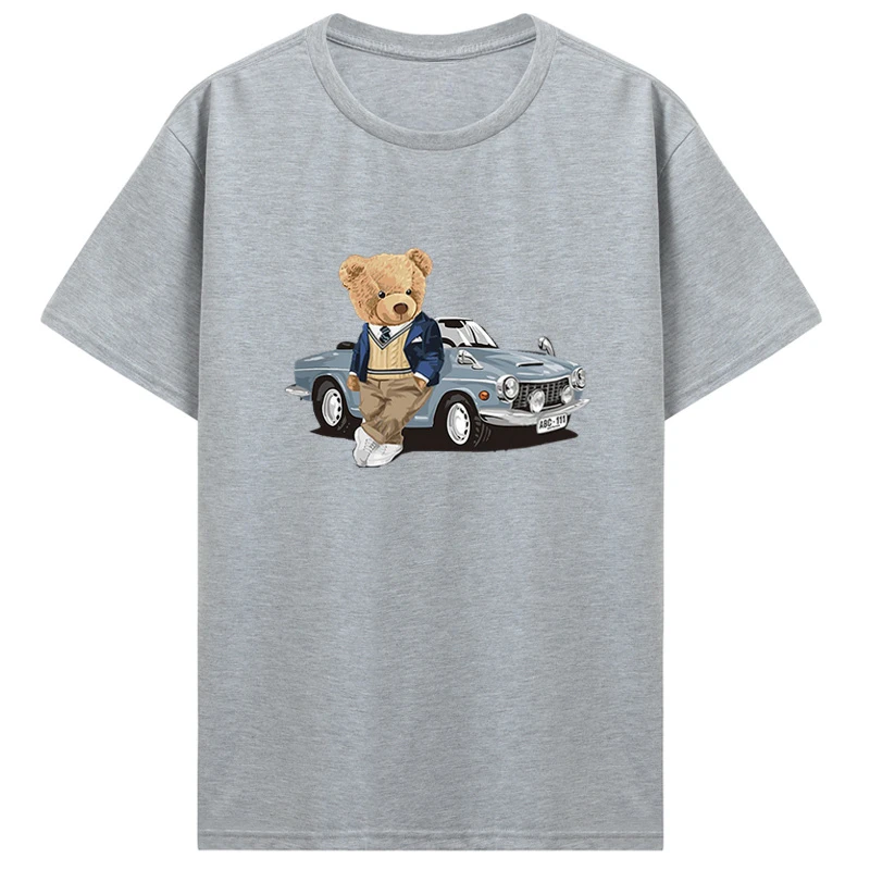 Breathable T-Shirt Hip Hop Cotton Tees Gentleman Teddy Bear In A Vintage Sports Car Men Clothes High Quality Oversize T-Shirts