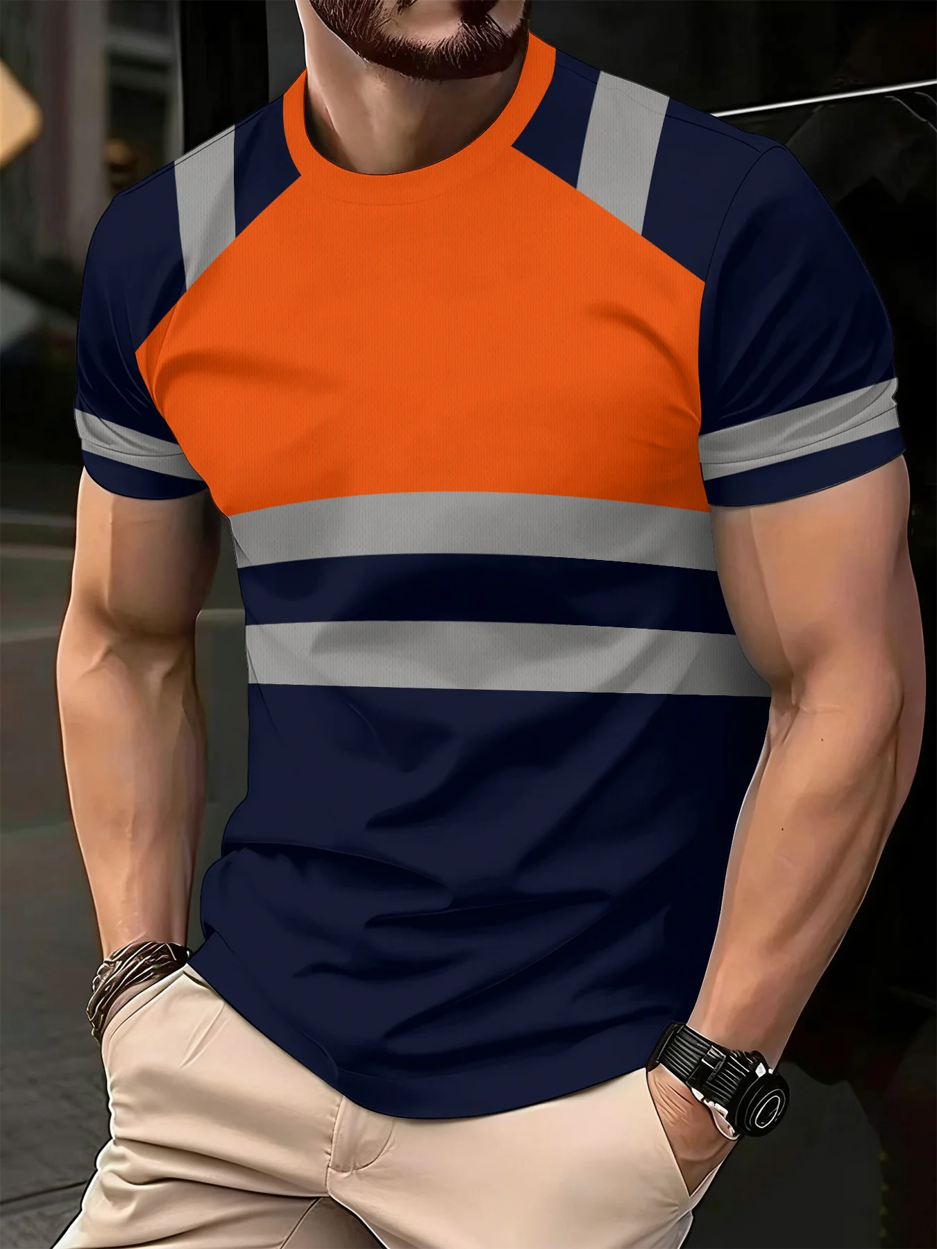 New men's short-sleeve T-shirt, loose-fitting and tailored with printed designs, versatile basic crew-neck top suitable for spri