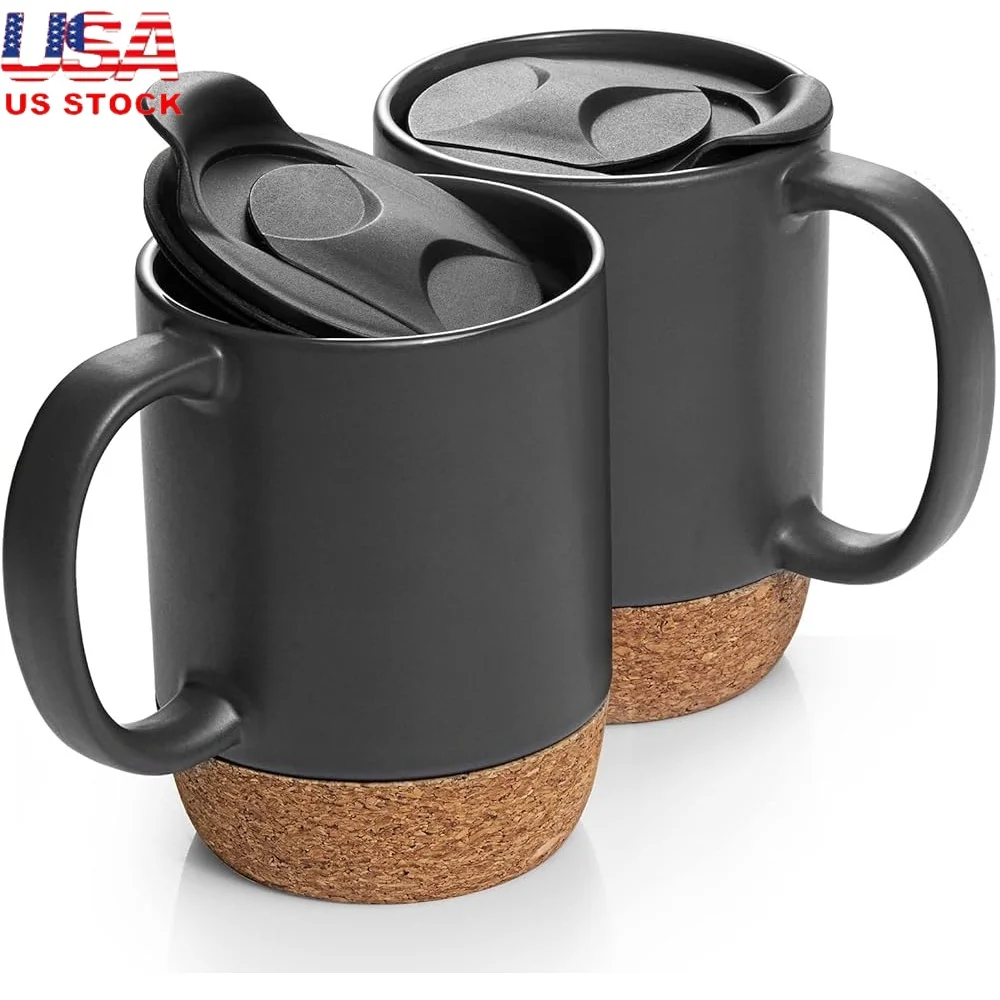 

Large Ceramic Coffee Mugs Set of 2 Spill Proof Lid Cork Bottom Ideal Home Office Daily Use and Gift