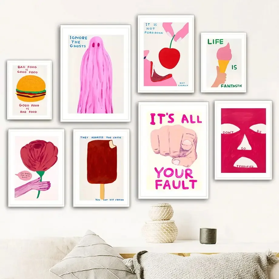 Pintura en lienzo artística de David Shrigley, carteles nórdicos e impresiones, imágenes de pared para decoración de sala de estar, sorbete de helado de hamburguesa de flores