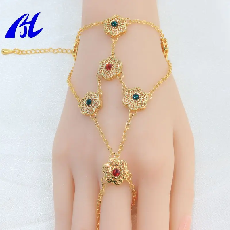 High quality colorful floral pattern hand back chain girl gift bracelet Ring jewelry