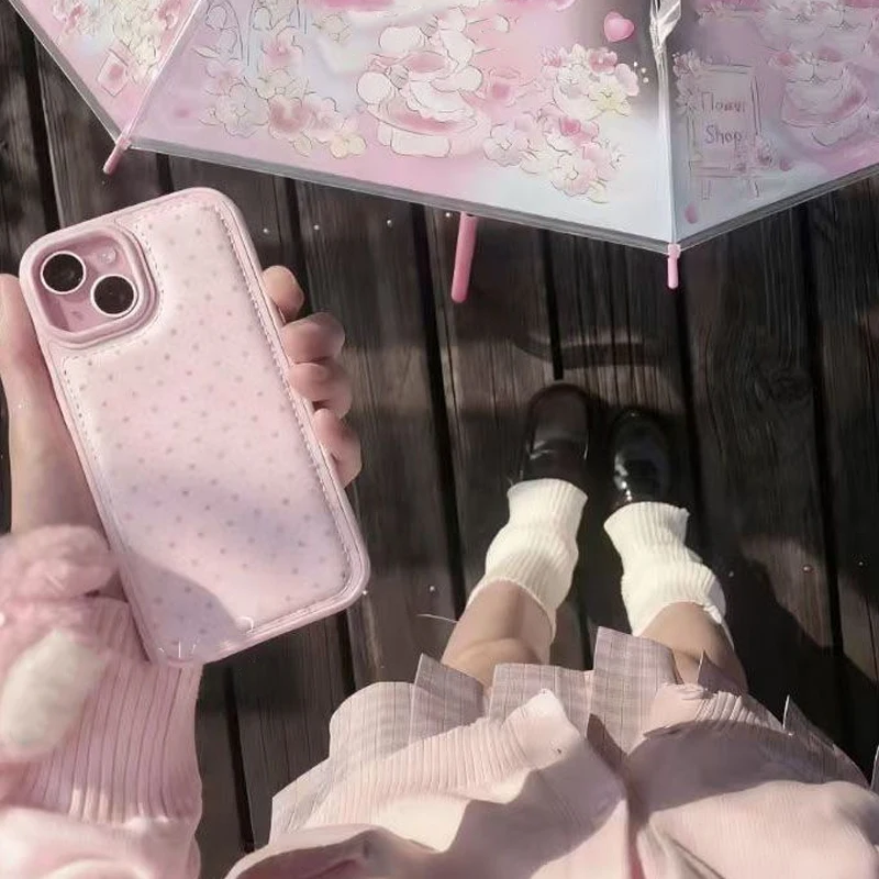 Ins Korean Trendy Cute Pink Polka Dots Pattern Leather Phone Case For iPhone 17 Air 16 15 14 13 12 11Pro Max Plus Y2K Back Cover - view 3