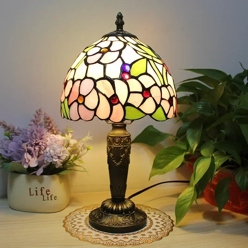 8inch 20cm Handmade Soldering Process Retro Stained Glass Tiffany Red Flower Lampshade Resin Base Table Lamp Desk Lamp
