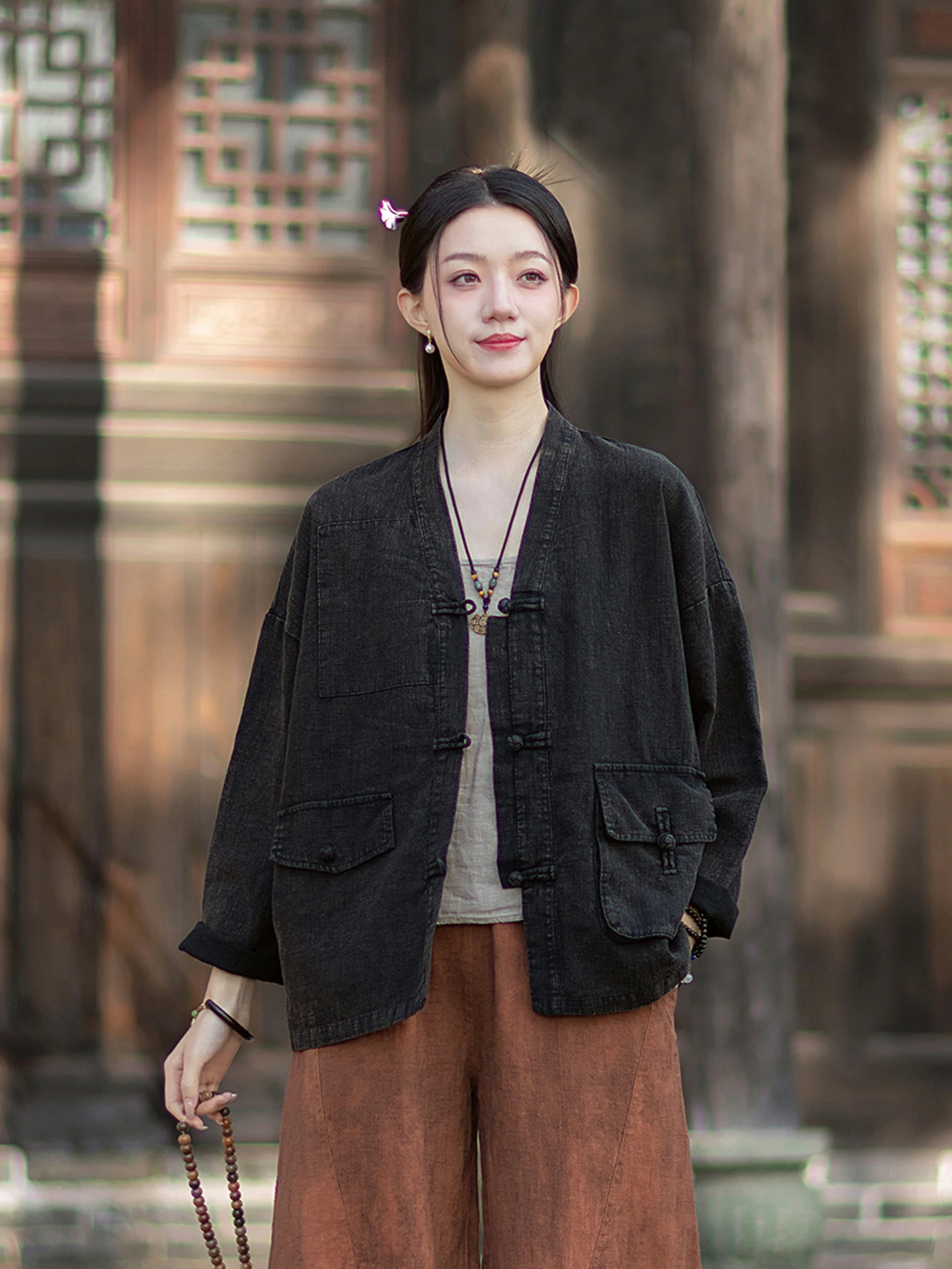 Retro Style Hand-Peeled Cotton Linen Women's Top Asymmetrical Splicing V-Neck Open Cardigan Artistic Button Outerwear