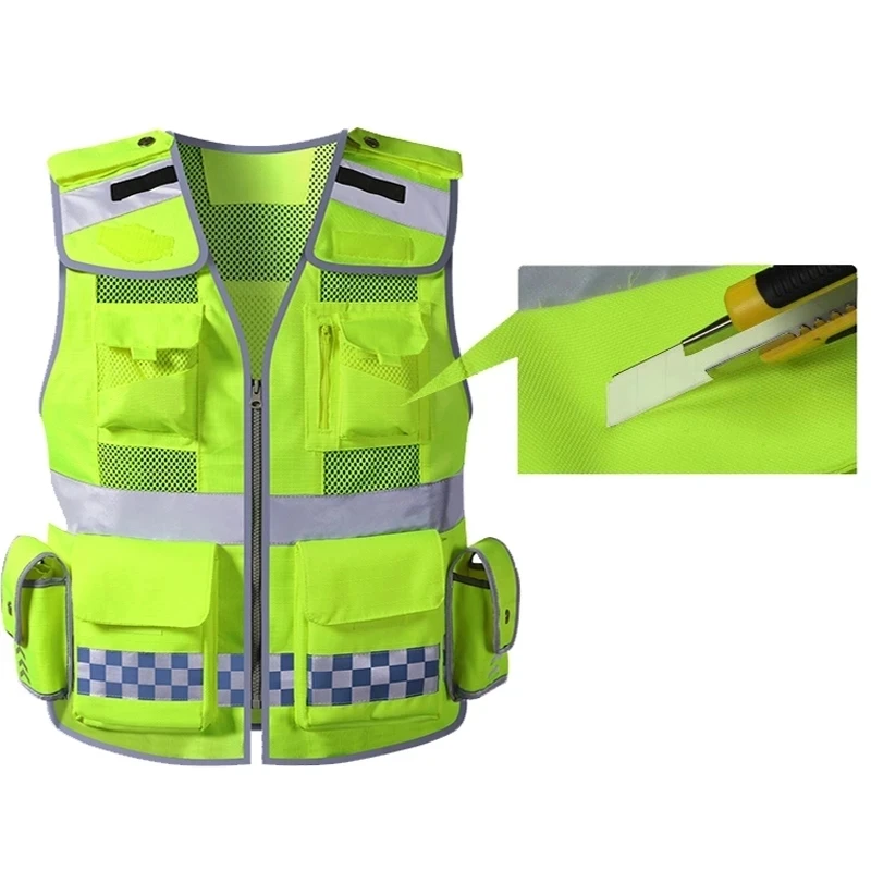 High Visibility Safety Vest Protective Front Zipper With Reflective Strips Oxford Mesh Work Cycling Sport Device Multi Pockets