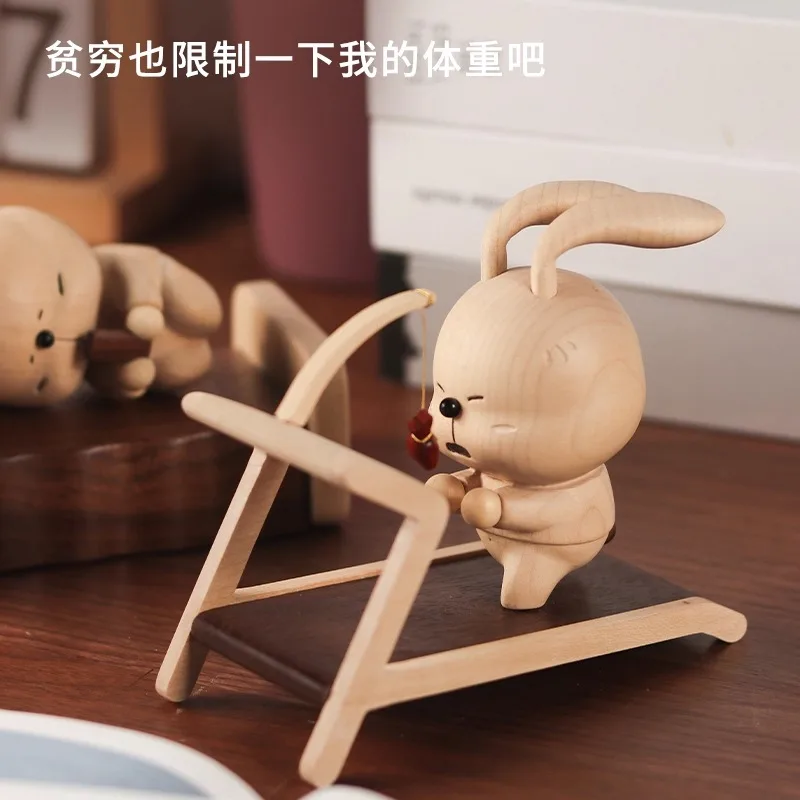 OUI Adorable Relaxed Rabbit Wooden Figurine Handcrafted Animal Sculpture for Home/Office Desk Decoration Gift for Her Women Girl