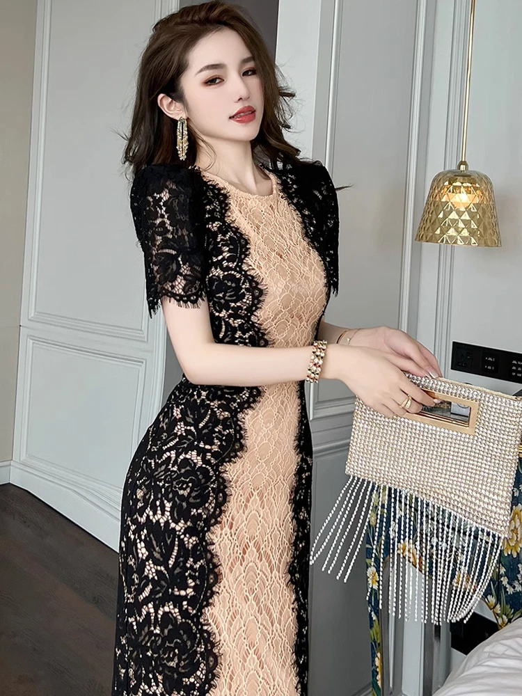 French Elegant Lace Panel Contrast Midi Dress for Women Celebrtity Bubble Sleeve Slim Robe Femme Party Banquet Vestidos Mujer