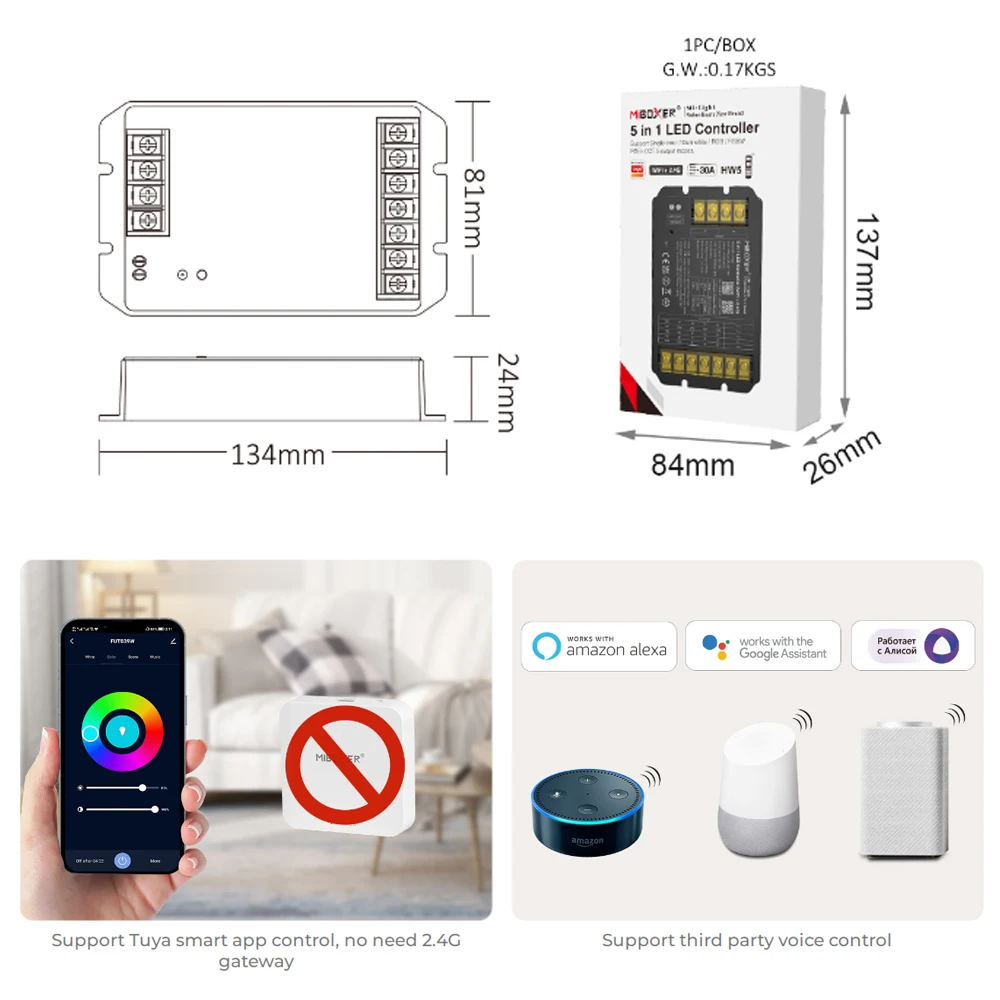 Imagem -06 - Controlador de Led Hhw2 Wifi 2.4g Max 30a Cor Única Branco Duplo Rgb Rgbw Rgb Mais Cct Controle de Aplicativos Alexa Google Miboxer-hhw5