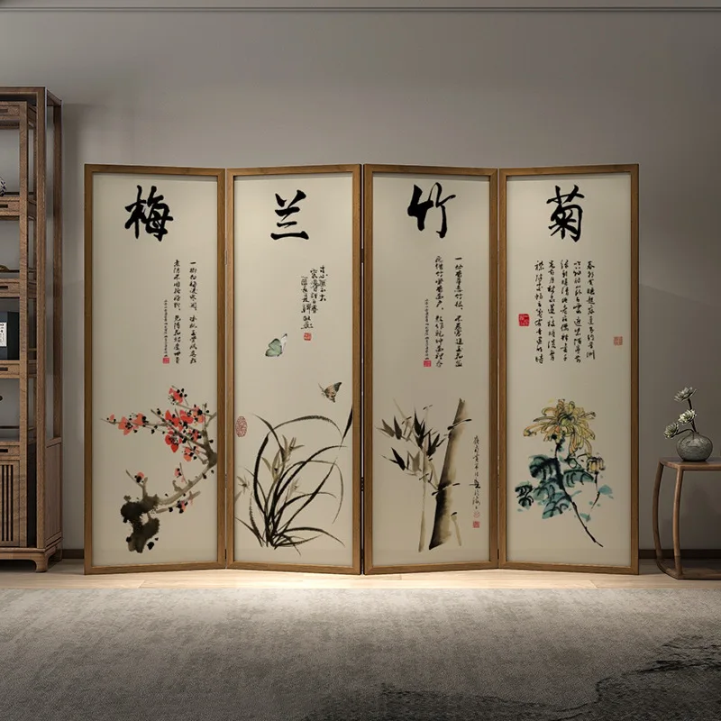 New Chinese style Meilan bamboo chrysanthemum screen partition living room tea room mobile folding entrance