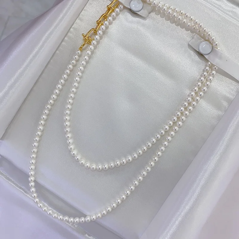 

SGARIT 925 Sterling Silver Natural Freshwater White Pearls Chain Double Layer Stacked Belt for Women Men Necklace