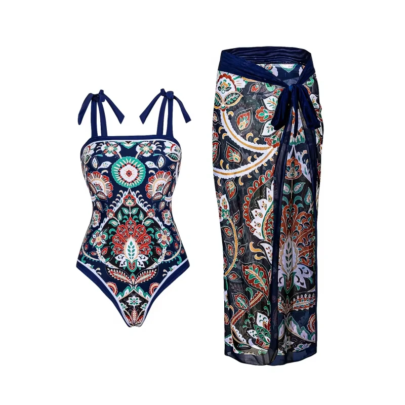 

Retro Women's 2026 New Bikini Printed Tie Sexy Strap Cover-Up One-Piece Swimsuit Bikini Two-Piece Set