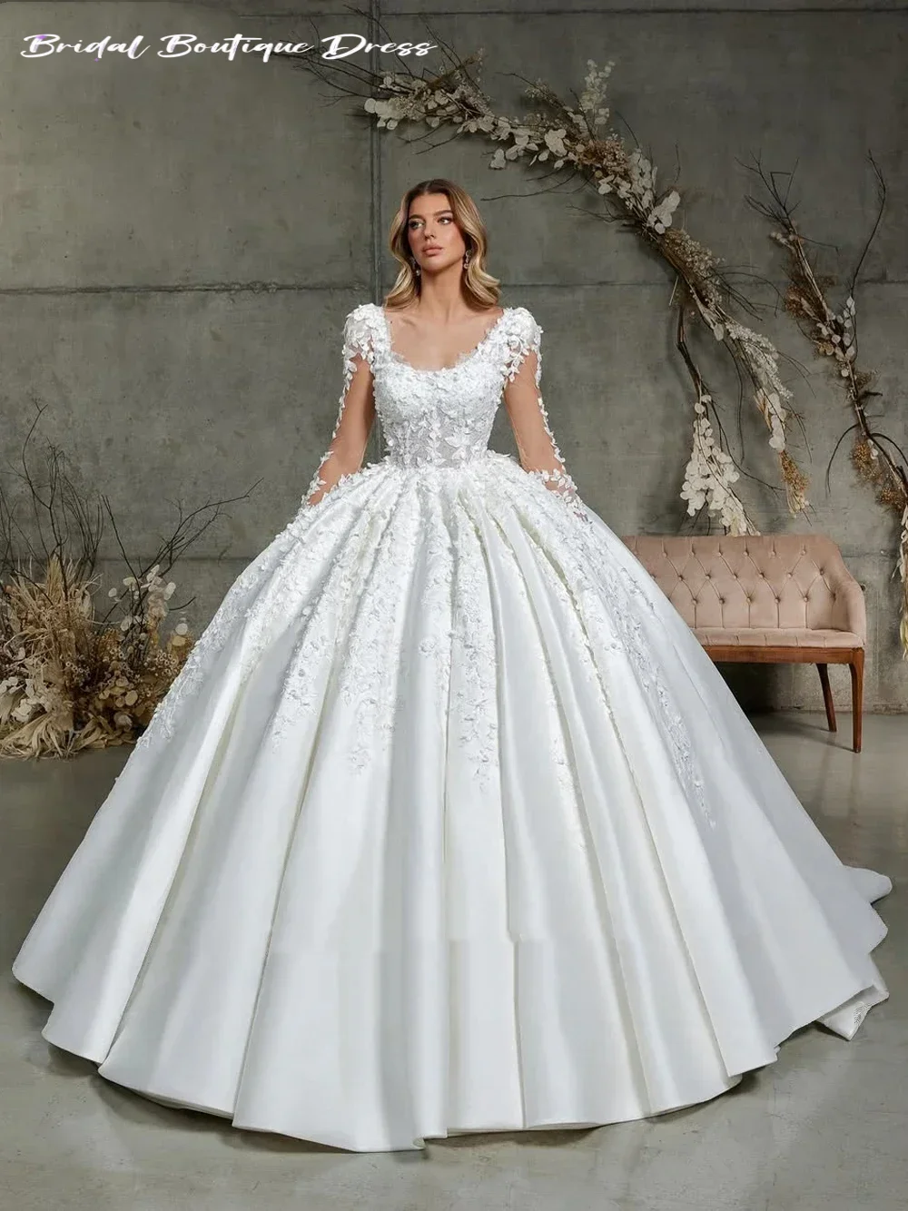 فساتين زفاف رائعة من الساتان الرومانسي مخصصة بأكمام طويلة مطرز باللؤلؤ مزينة بالدانتيل لحفلات الزفاف