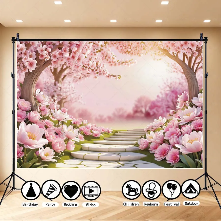

MOON.QG Cherry Blossom Tulip Path Photographic Background Pink Floral Arch Backdrop Accessories Party Outdoor Children Studio