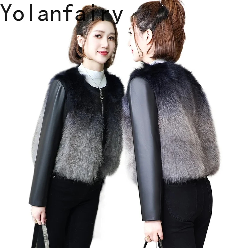 YOLANFAIRY Cappotto di pelliccia di volpe impiombato in vera pelle di pecora di alta qualità Donna Inverno Breve caldo Piumino O-Collo Giacca in vera pelle da donna