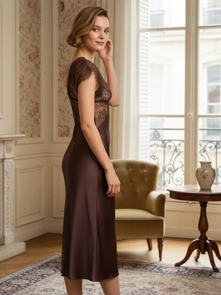 الدانتيل المرقعة الساتان فستان ماكسي أنيق العميق الخامس الرقبة عارية الذراعين عالية الخصر سليم فساتين حريمي 2025 سيدة ثوب مسائي للحفلات #6