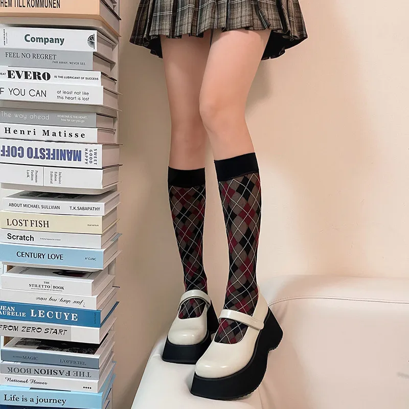 Velvet Thin Women Stockings Japanese Style Plaid School Girls Knee Socks Stockings JK Lolita Kawaii Cute Long Socks Stockings