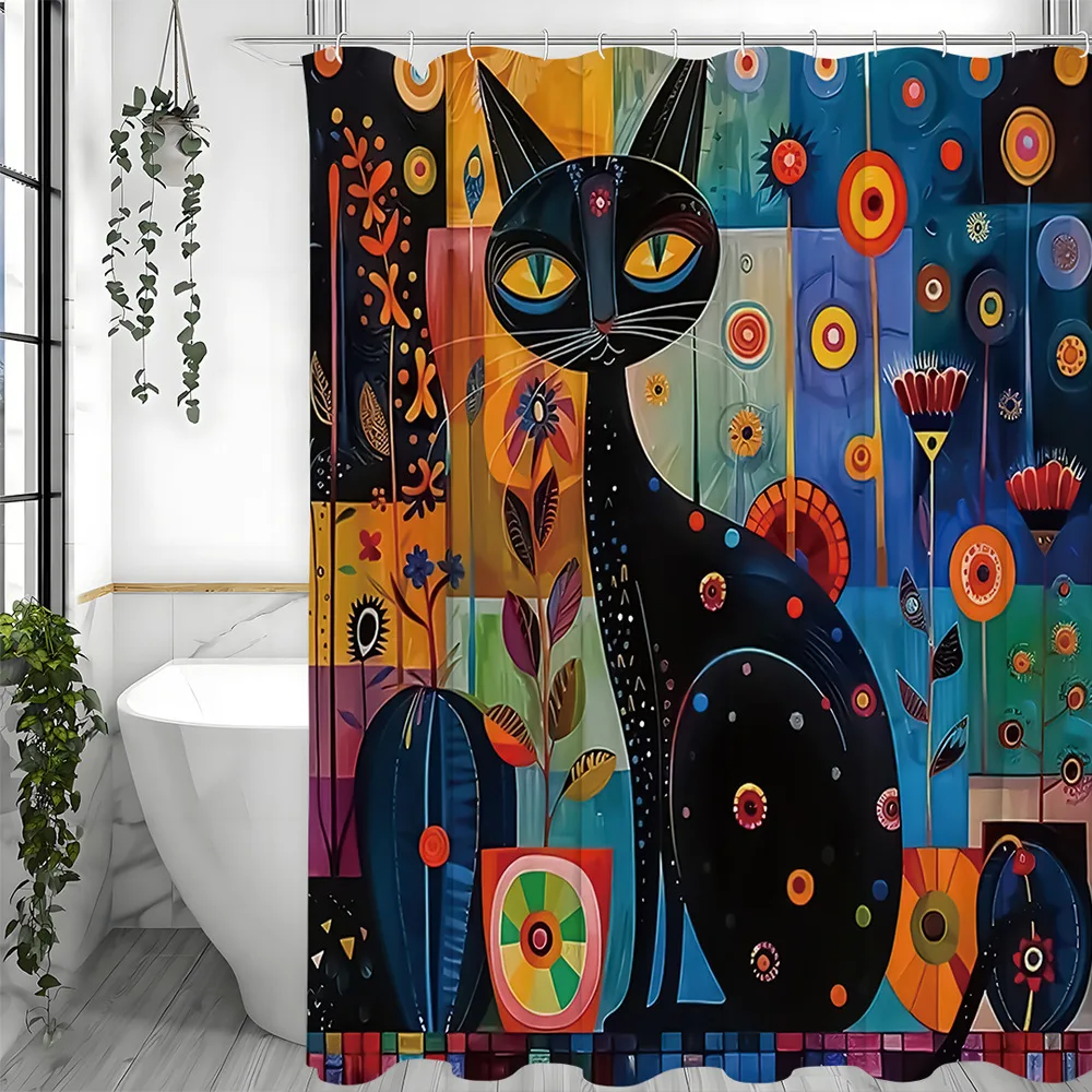 

Креативная художественная цветная занавеска для душа с черным котом, моющаяся грязеотталкивающая насадка для душа, водонепроницаемая полиэстеровая занавеска для ванны