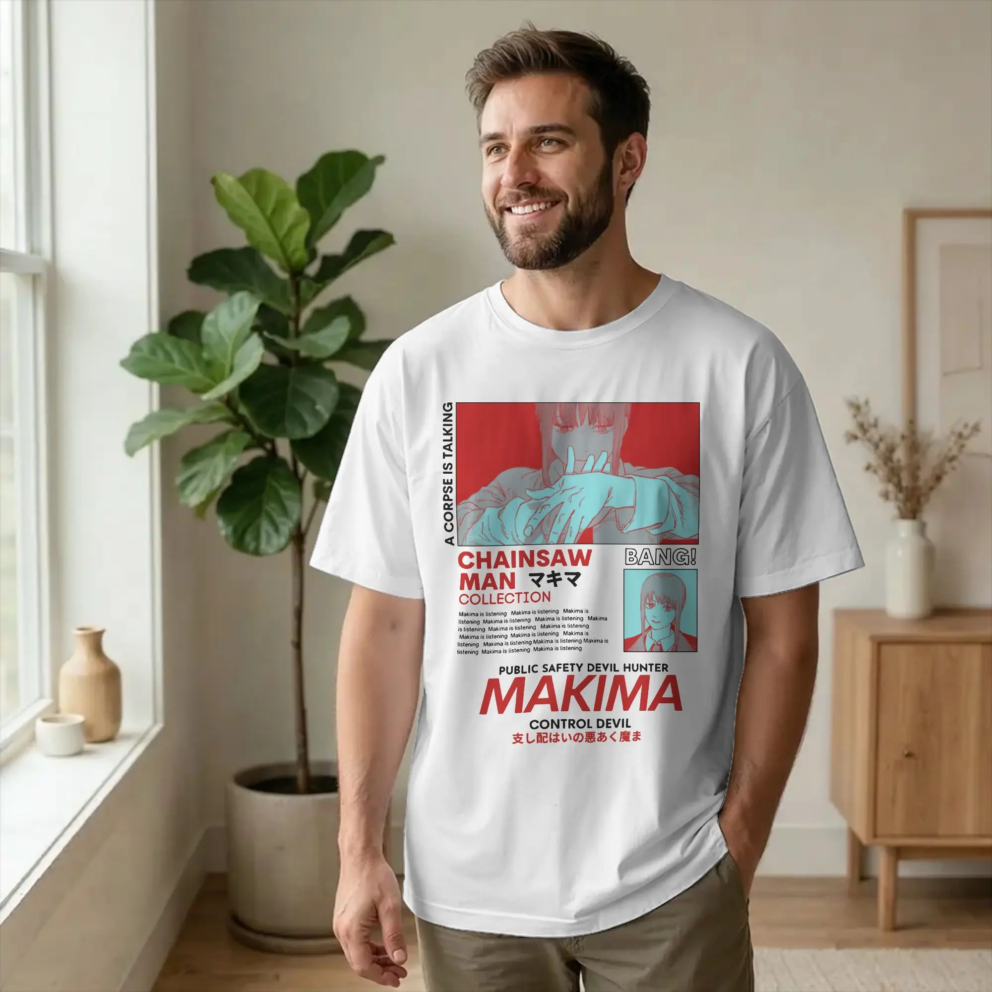Retro Makima Red Chainsaws Man T Shirt Men's 100%Cotton Short Sleeve Denji Pochita Manga Devil Anime Crewneck Summer Clothes