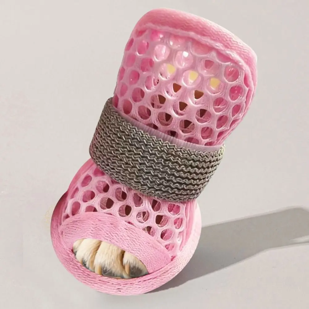 4Pcs Cute Mesh Dog Shoes Soft-sole Elastic Strap Cooling Dog Boots Breathable Wear-resistant Pet Sandals For Small Medium Pets