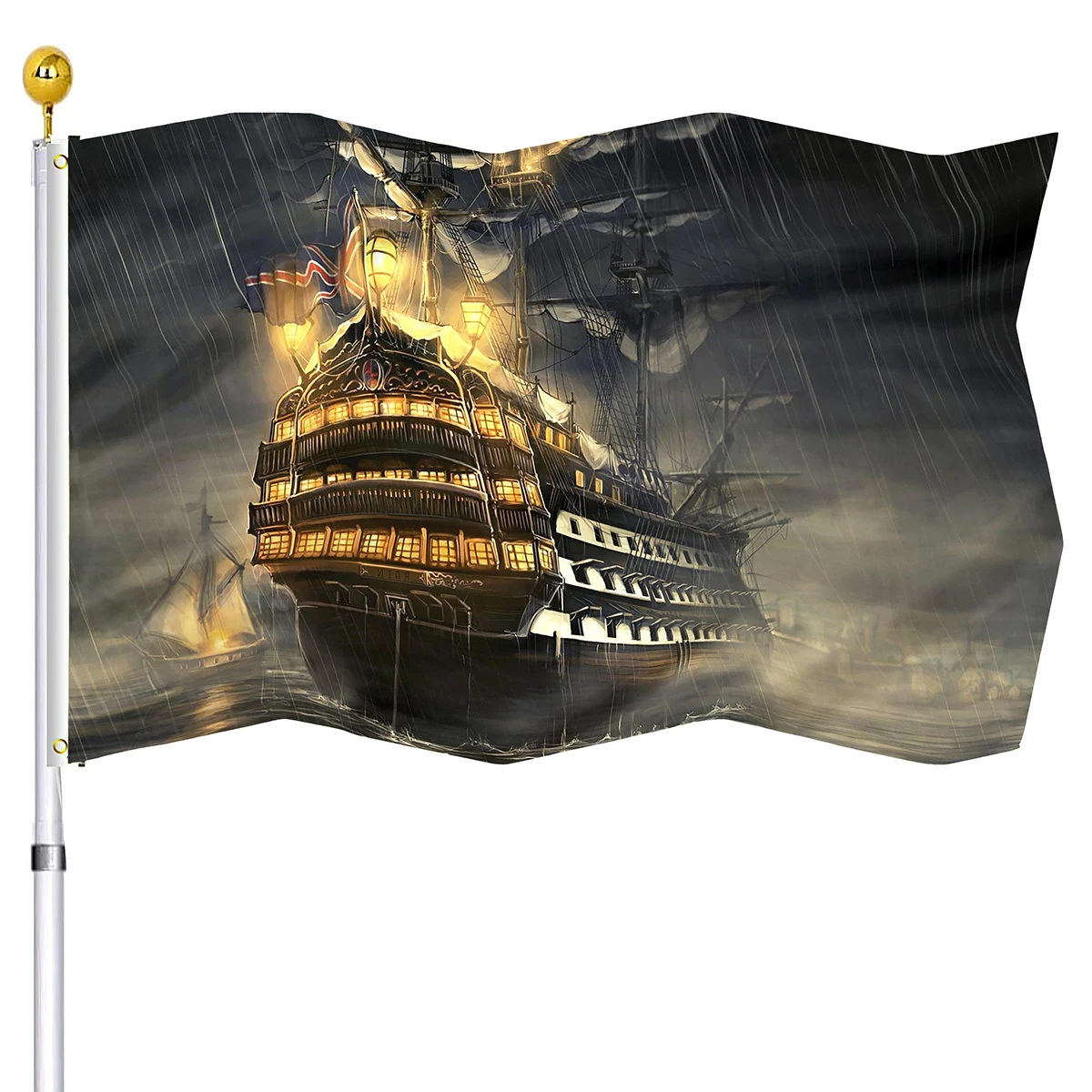 Pirate Boat Flag Sailing Ships and Huge Blue Planet At Mystic Galaxy Night Flags Banners with Brass Grommets College Dorm Decor