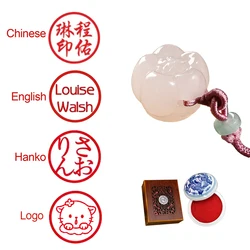 Pink Stone Hanko Stamp Round Jade Seal Custom Chinese Name Stamp for Calligraphy Painting Personalized Gift