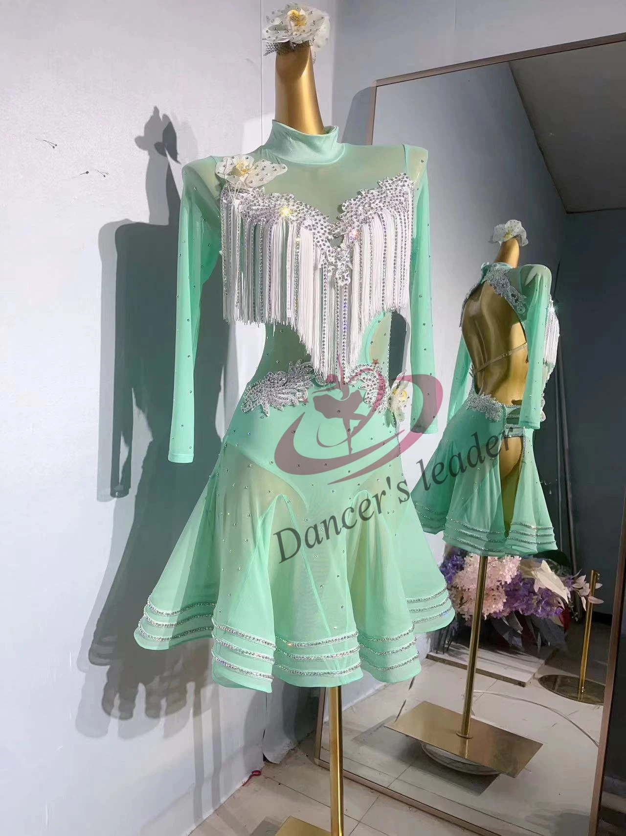 Abito da ballo latino Nappa di garza trasparente estiva personalizzata di fascia alta con diamanti Cha Cha Tango Abbigliamento professionale da palcoscenico