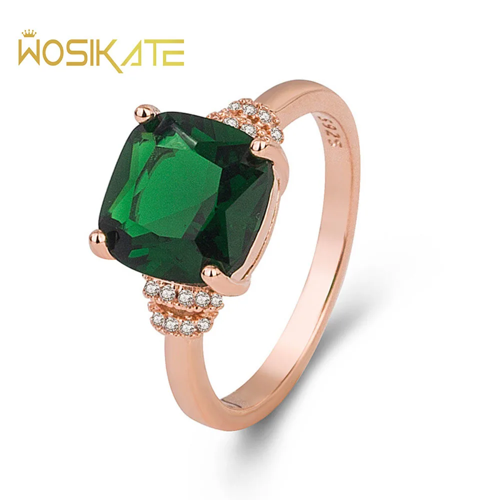 WOSIKATE Vintage Square Emerald Ring For Women 925 Sterling Silver With Rose Gold Plated Fashion Jewellery Finger Ring