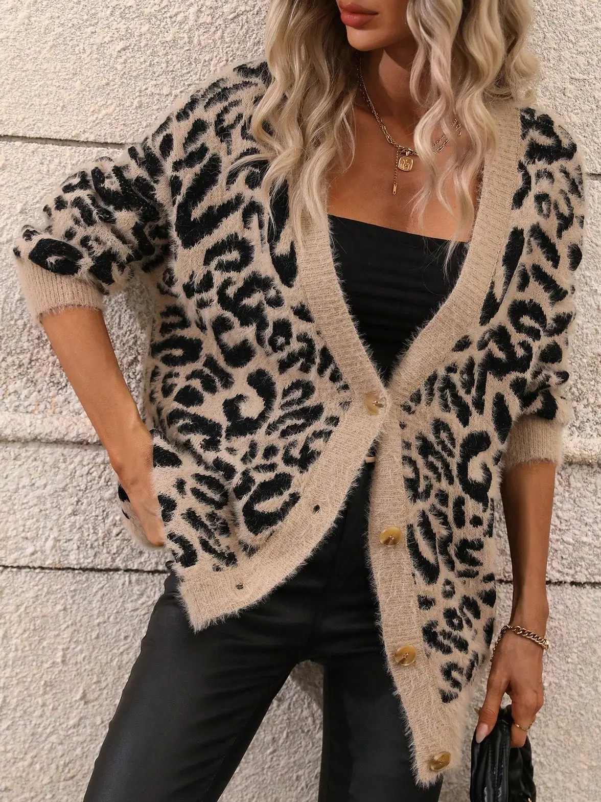 

Осень-зима, свитер с леопардовым принтом, женский жилет с v-образным вырезом, свободная вязаная верхняя одежда на одной пуговице, повседневная модная верхняя одежда