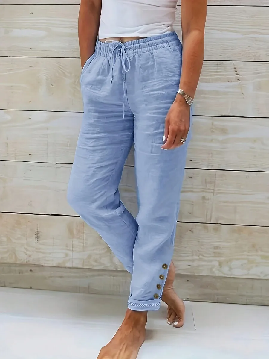 

Light Blue Linen Blend Drawstring Waist Pants with Button Cuff Detail