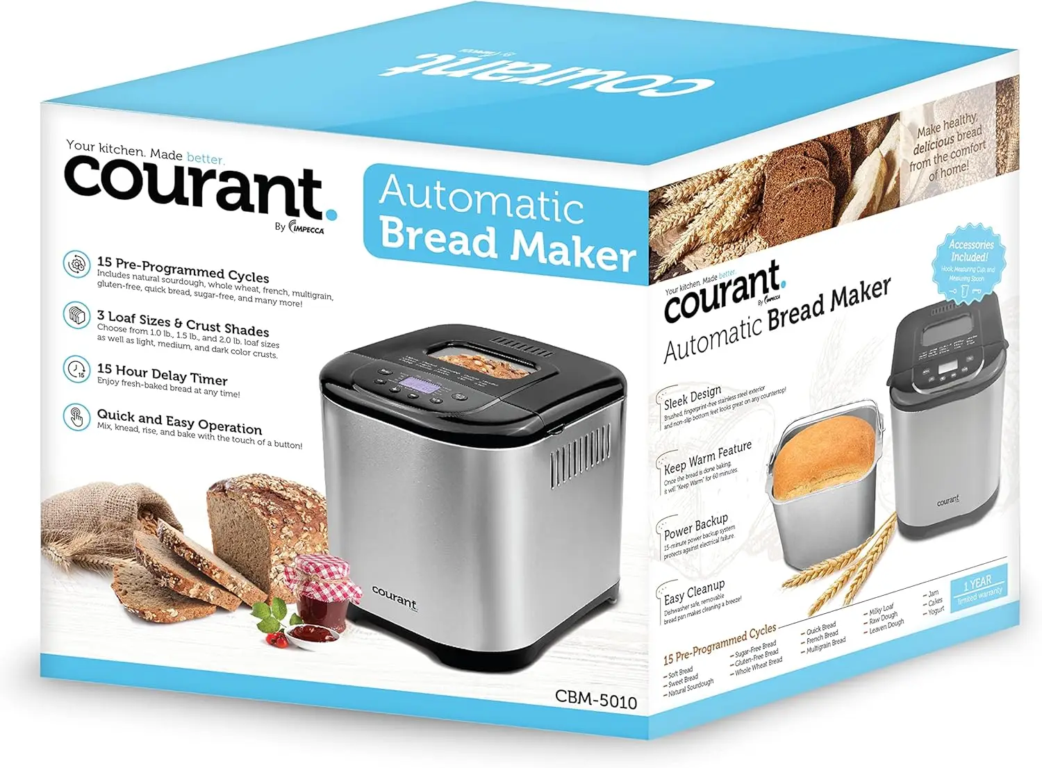 Bread Maker Machine 3 Loaf sizes, Gluten-free, sugar-free, Natural Sourdough, Total 15 Pre-Programmable Cycles, Delay Timer, Eas