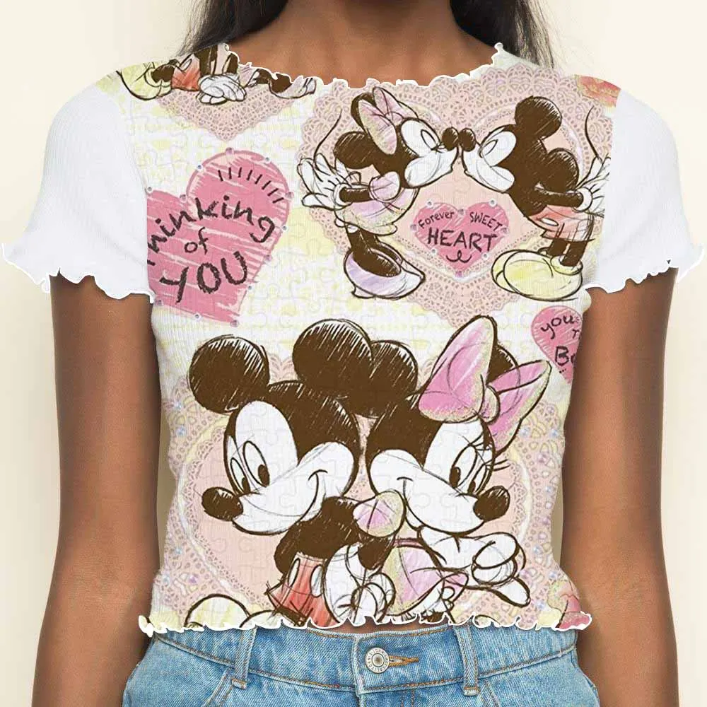 Crop Top Minnie Mouse Short Sleeve Disney T-shirts T-shirt Lettuce Trim Summer Clothes Women 2024 Woman Clothing Tops Sexys Tees