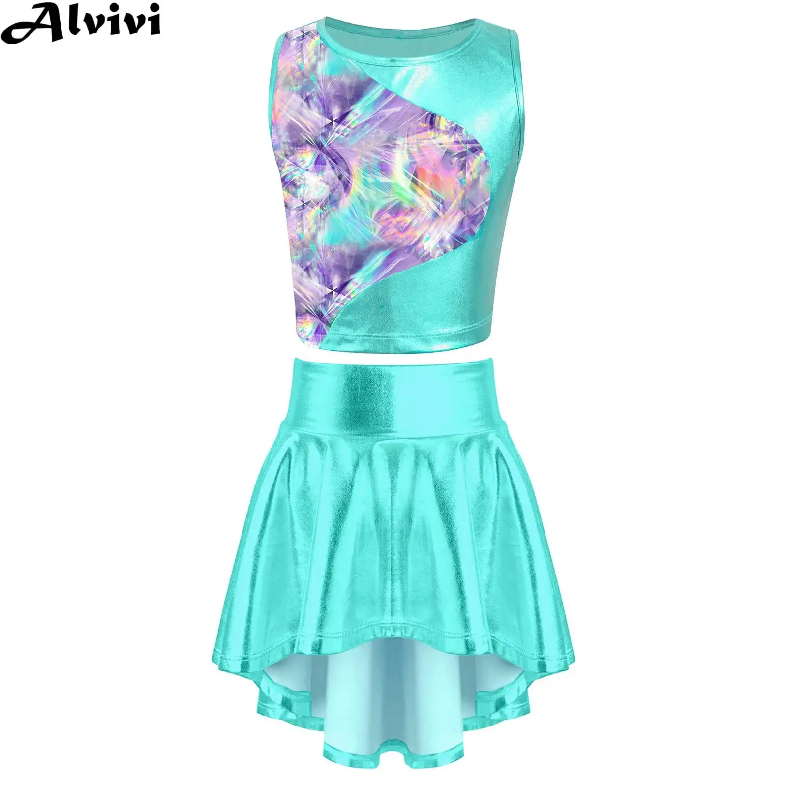 

Kids Girls Jazz Dance Stage Performance Clothes Sleeveless Printed Crop Tops with Pleated Skirt Cheerleading Dancing Costume