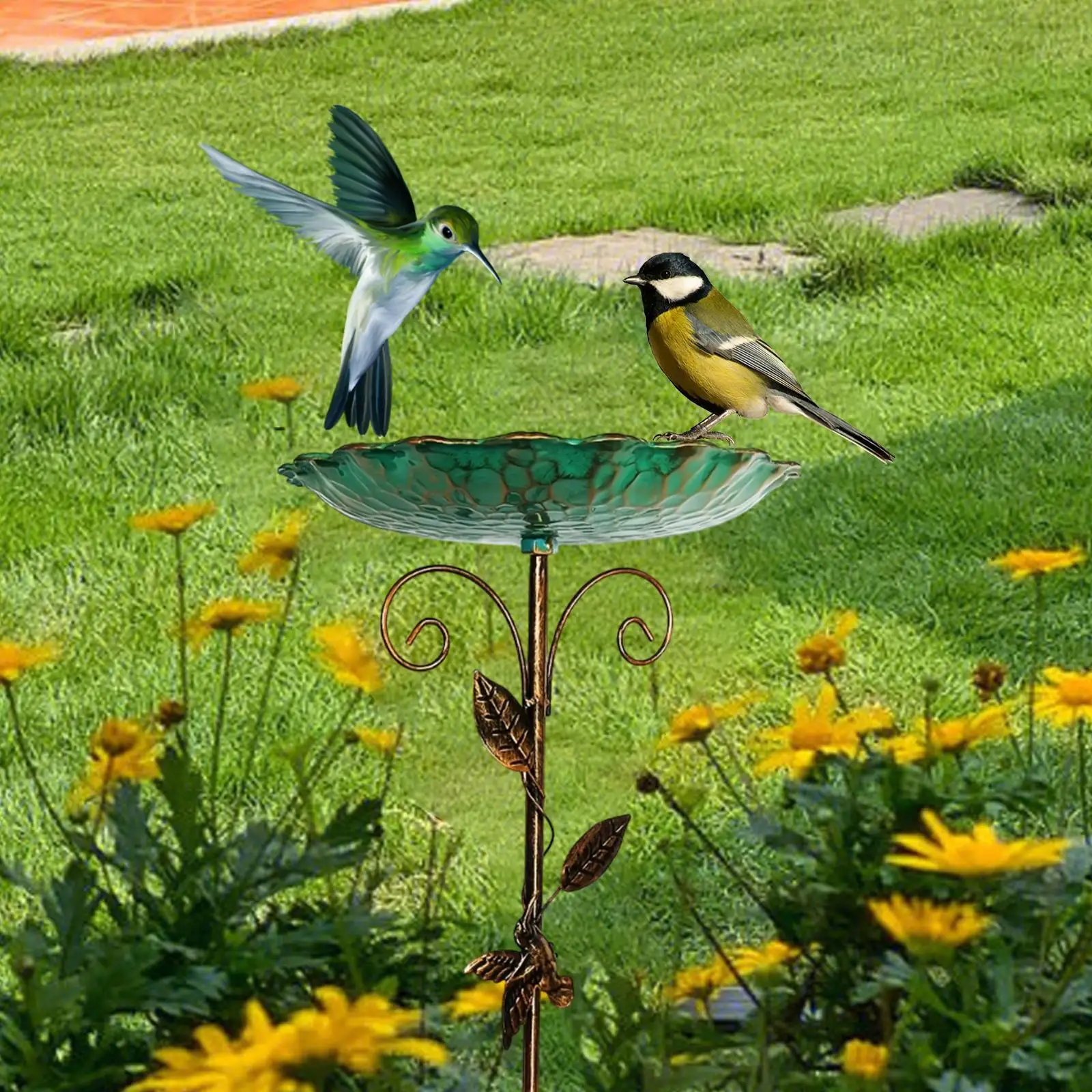 Banho de pássaros para exterior, alimentador de pássaros de ferro à prova de intempéries com estaca, tigela de banho de pássaros de metal para jardim, gramado, decoração de pátio externo