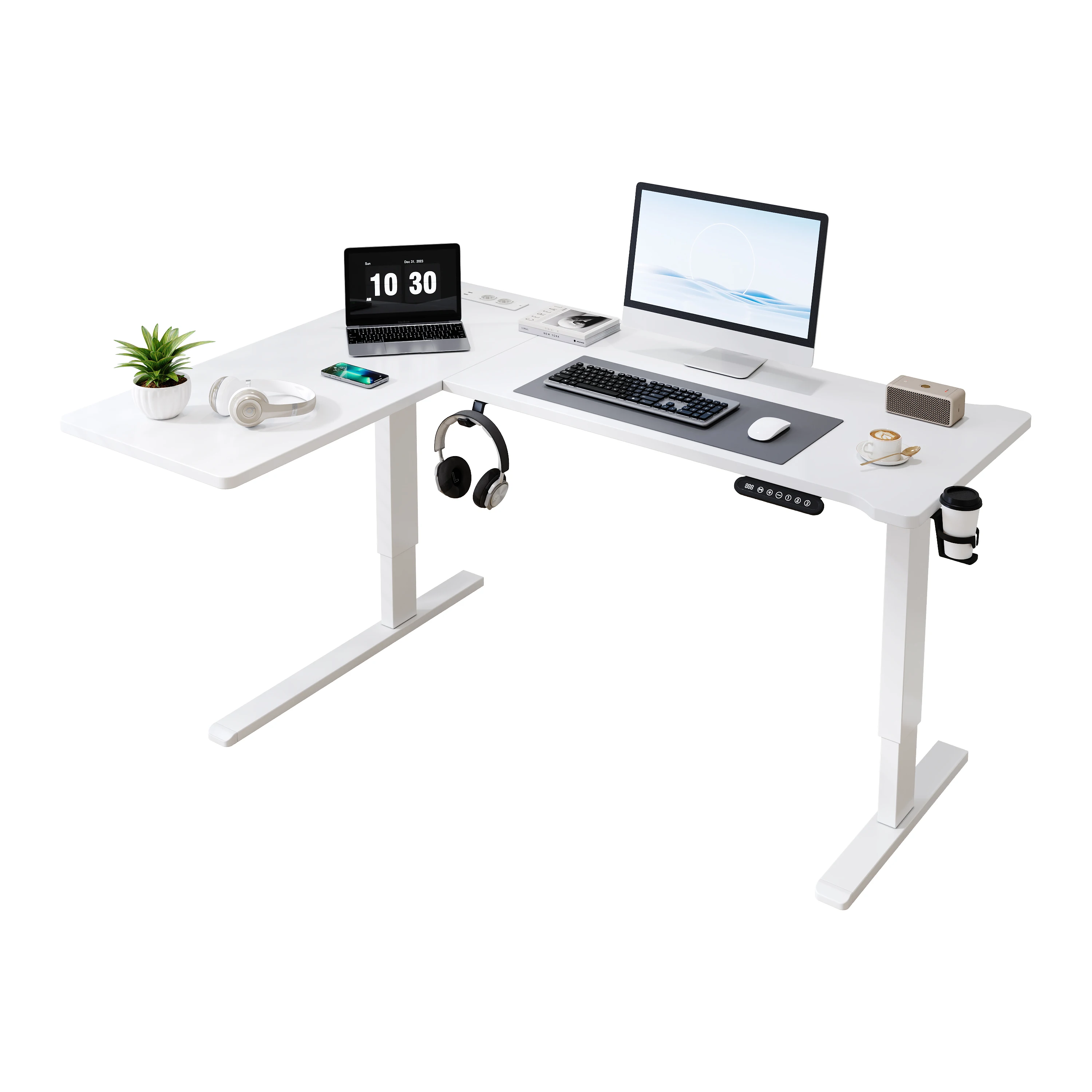 Escritorio eléctrico ajustable en altura de 120 + 160 cm, escritorio esquinero con enchufes, función de memoria USB, escritorio silencioso, mesa de juego para oficina con portavasos, soporte para