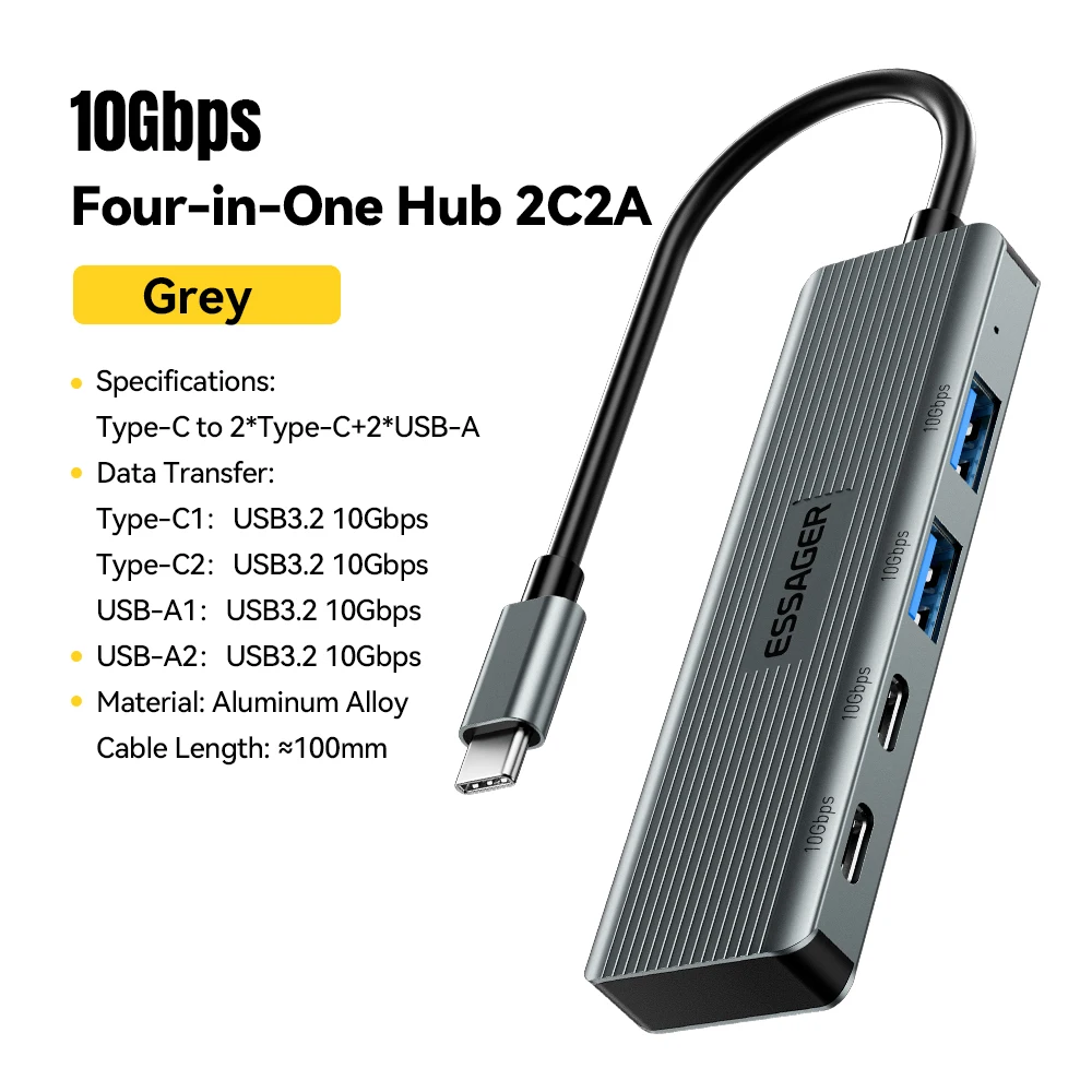 Essager USB C Hub 10Gbps 4-IN-1 Type-C naar USB-C 3.2 Gen 2 Draagbare USB C Hubs Multiport Adapter Splitter voor Macbook Pro Laptop