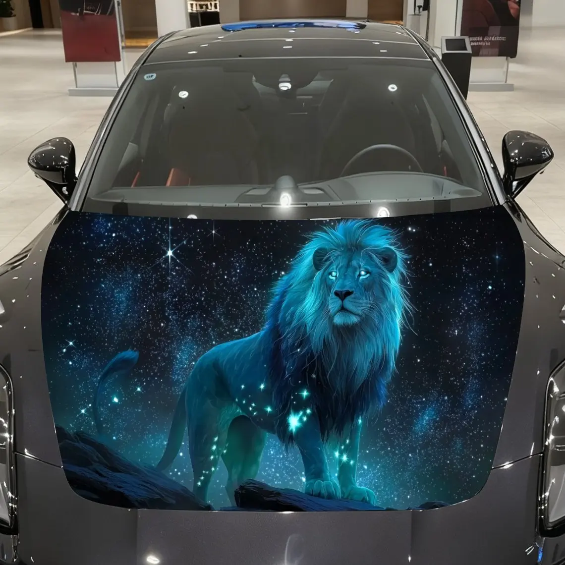 

Starfield Blue Lion and Galaxy Special Effect Car Vinyl Wrap, PVC Material Waterproof Car Hood Sticker, Self-Adhesive Scratch-Re