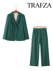 TRAFZA Women 2 Piece Suit Blazer Single Buckle Lapel Long Sleeves Suit Top Female Elegant Side Pockets Zipper Long Pant