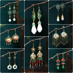 Ethnic Chinese Jade Pendant Earrings for Women Luxury Traditional Festival Wedding Jewelry Vintage Charm Design Birthday Gifts
