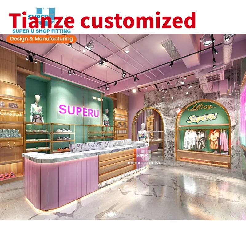 

(customized)Fashion Retail Garment Display Boutique Furniture Women Suit Clothes Shop Counter Decor Wooden Clothing Store Interi