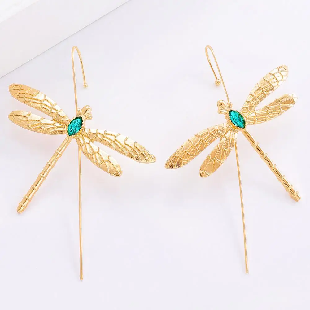 3d Bionic Design Earrings Ear Stud Earrings Dragonfly Ear Studs with Green Faux Gem Accents Vintage Animal-inspired for Women