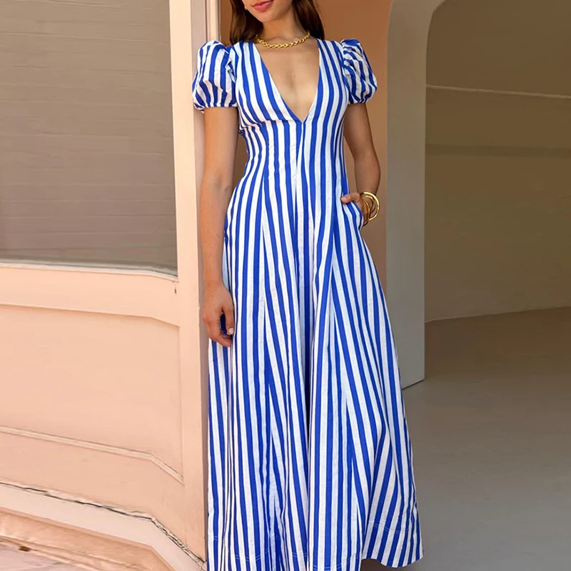 

Fashion Striped Print High Waist A-line Long Dress Sexy Deep V Neck Puff Sleeve Party Dress Female Holiday Beach Big Hem Dresses