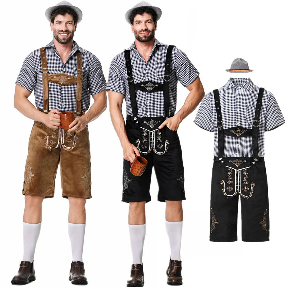 Bavarian Oktoberfest Lederhosen Costume for Adult Suspenders Shirt Hat German Beer Festivals Male Cosplay Costumes