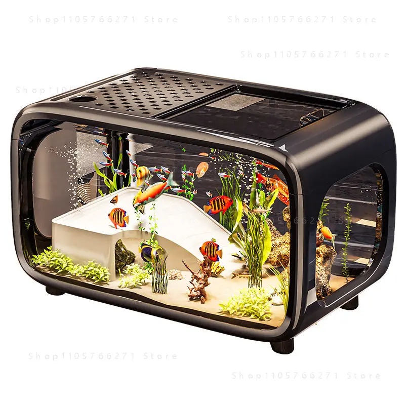 Transparent Covered Aquarium Tank | Desktop Ecological Fish Tank for Goldfish & Turtles, Living Room Decor Landscape Tank